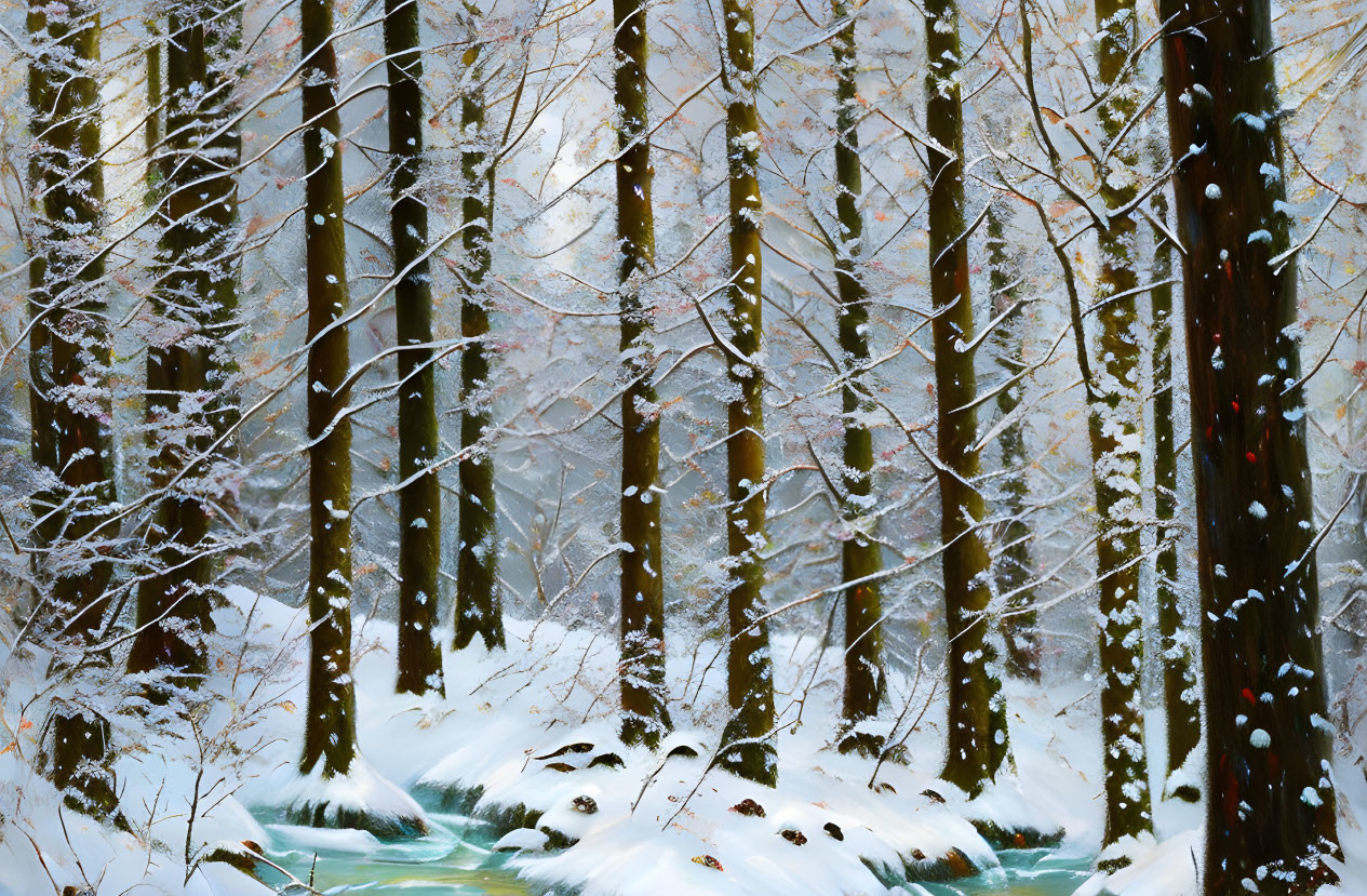 Snow-covered Trees and Turquoise Creek in Winter Forest