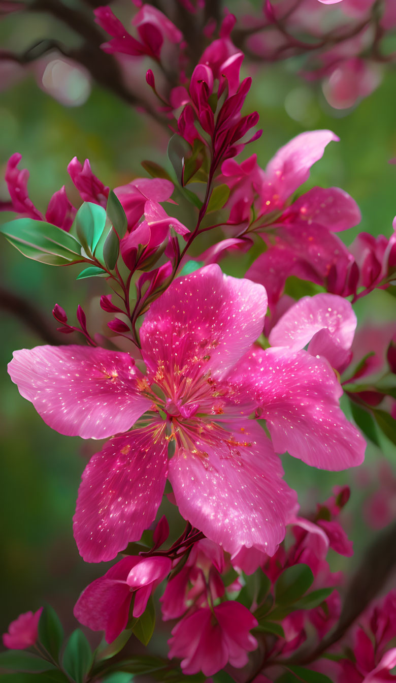 Pink blossoms with yellow stamens in lush green setting