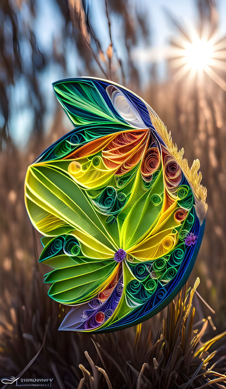 Colorful Quilled Paper Art of Leaf with Swirls on Sunlit Reed Background