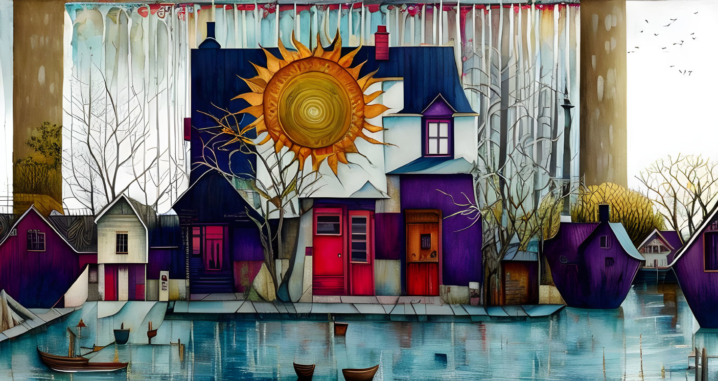 Colorful houses along waterway with boats, sun design, birds, and bare trees.