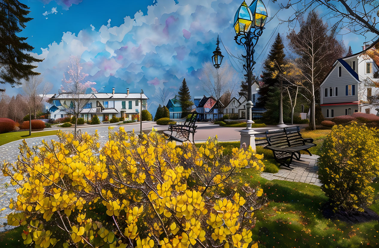 Suburban neighborhood with yellow flowers, benches, streetlamp, and white houses