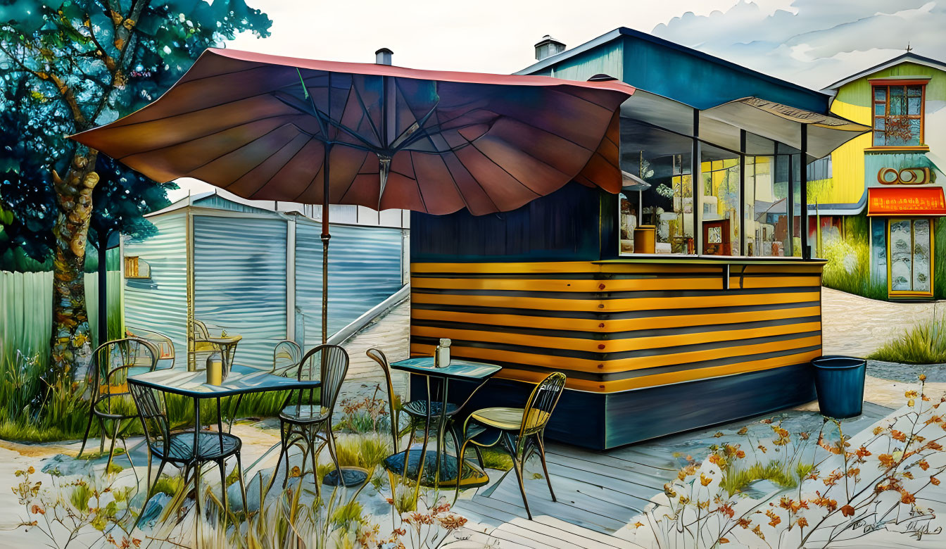 Colorful outdoor cafe scene with large umbrella and empty tables against vibrant backdrop.