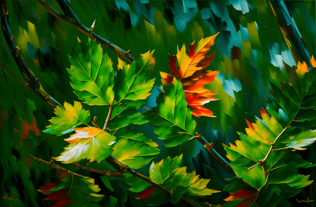 Autumnal transition with green leaves in shades of orange and yellow