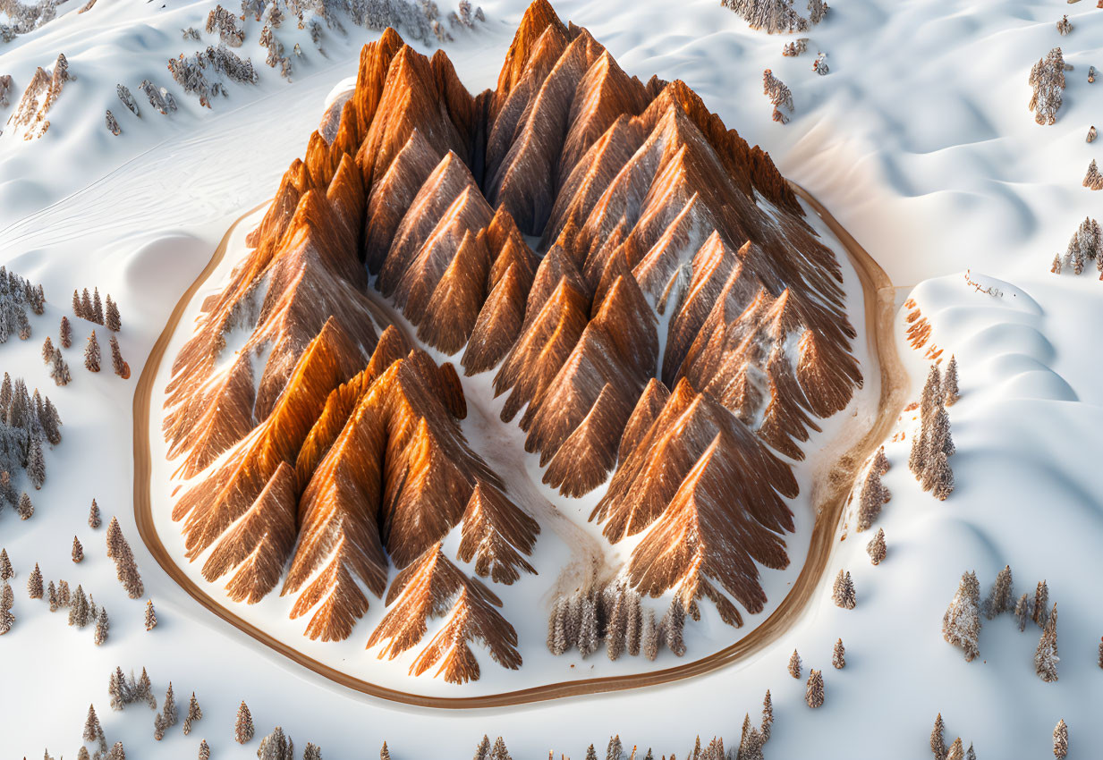 Snowy Mountain Range with Sharp Peaks and Coniferous Trees