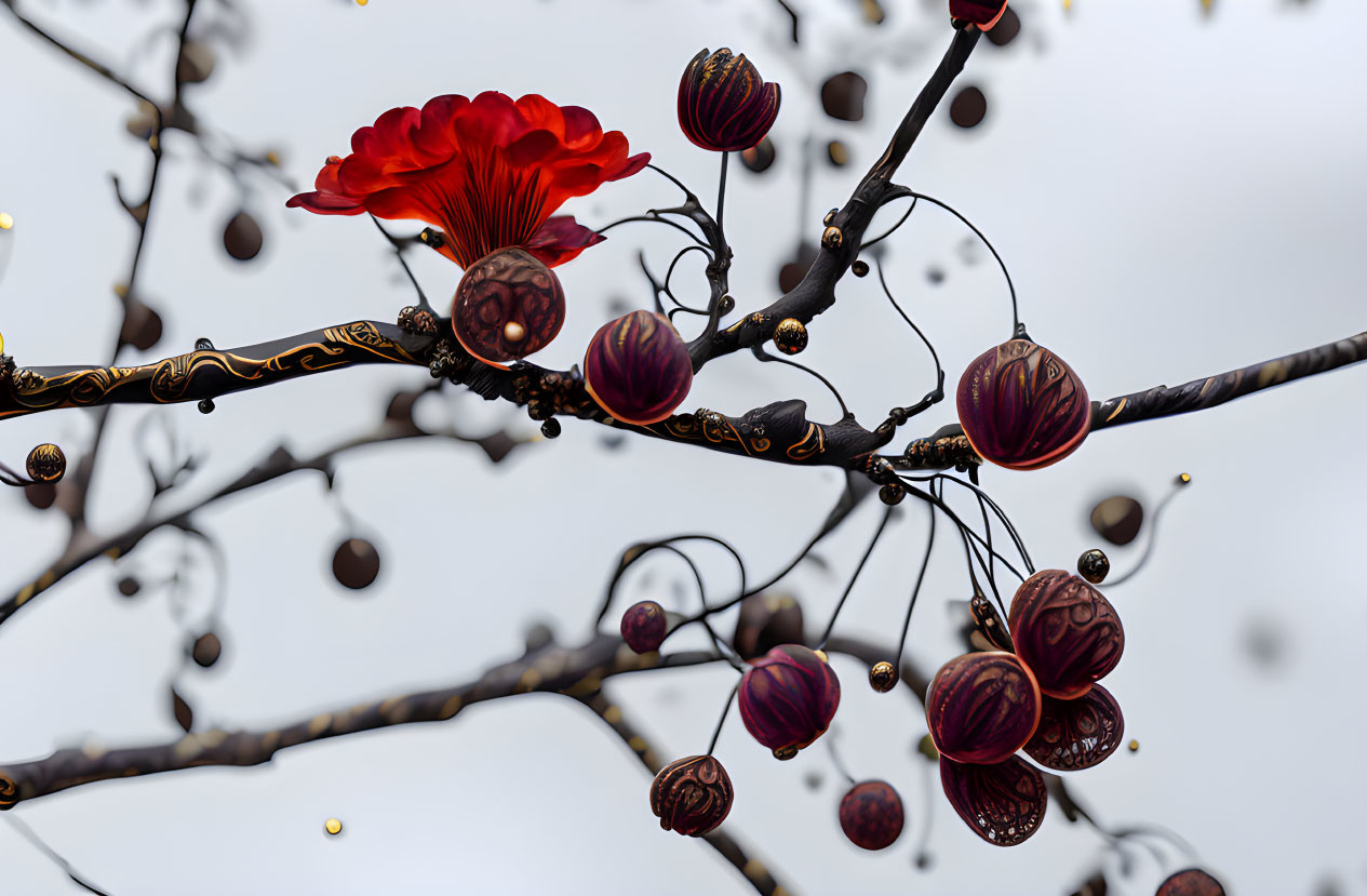 Vibrant red flower with burgundy buds and golden accents on dark branches