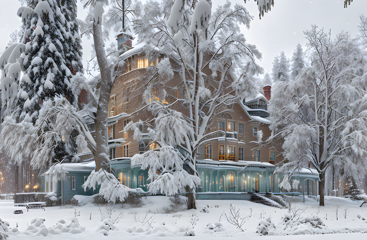 Snow-covered multi-story wooden building in winter landscape