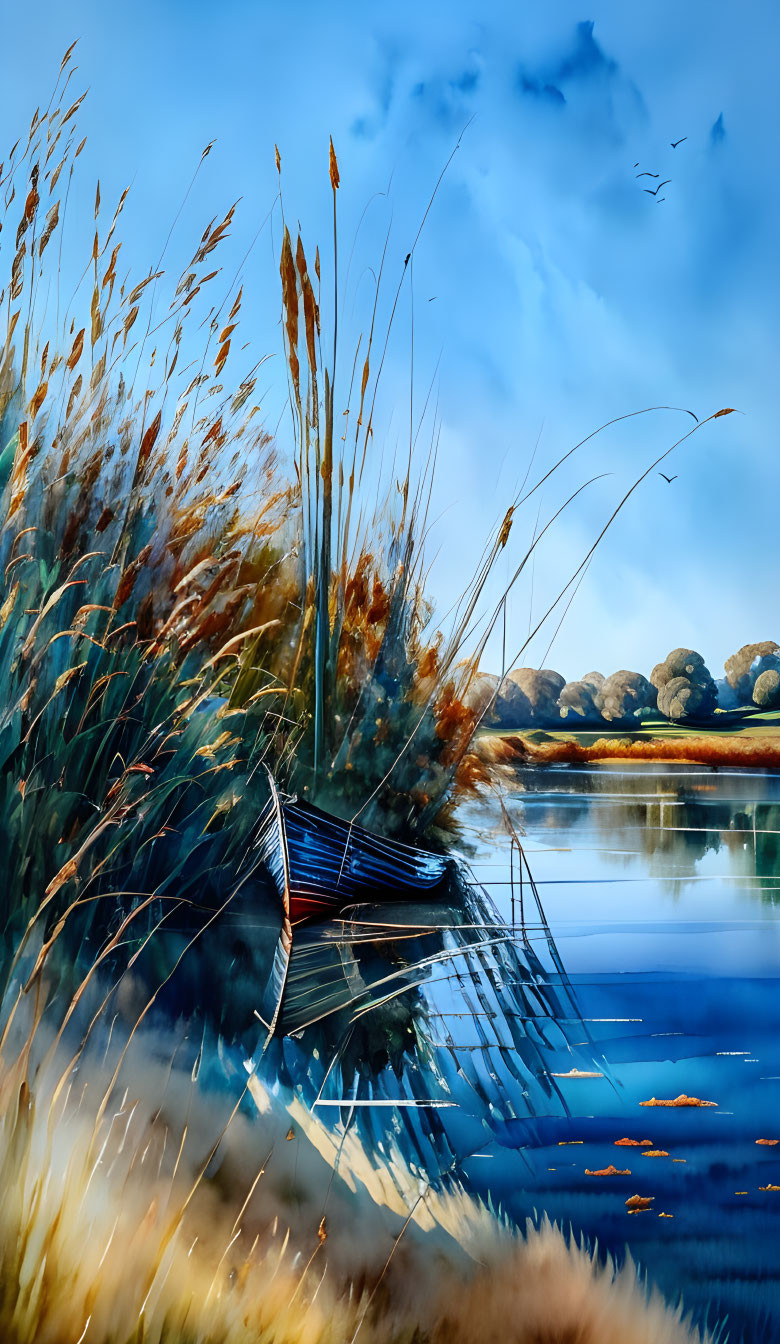 Tranquil landscape with red boat, tall reeds, calm lake, autumn trees, and flying