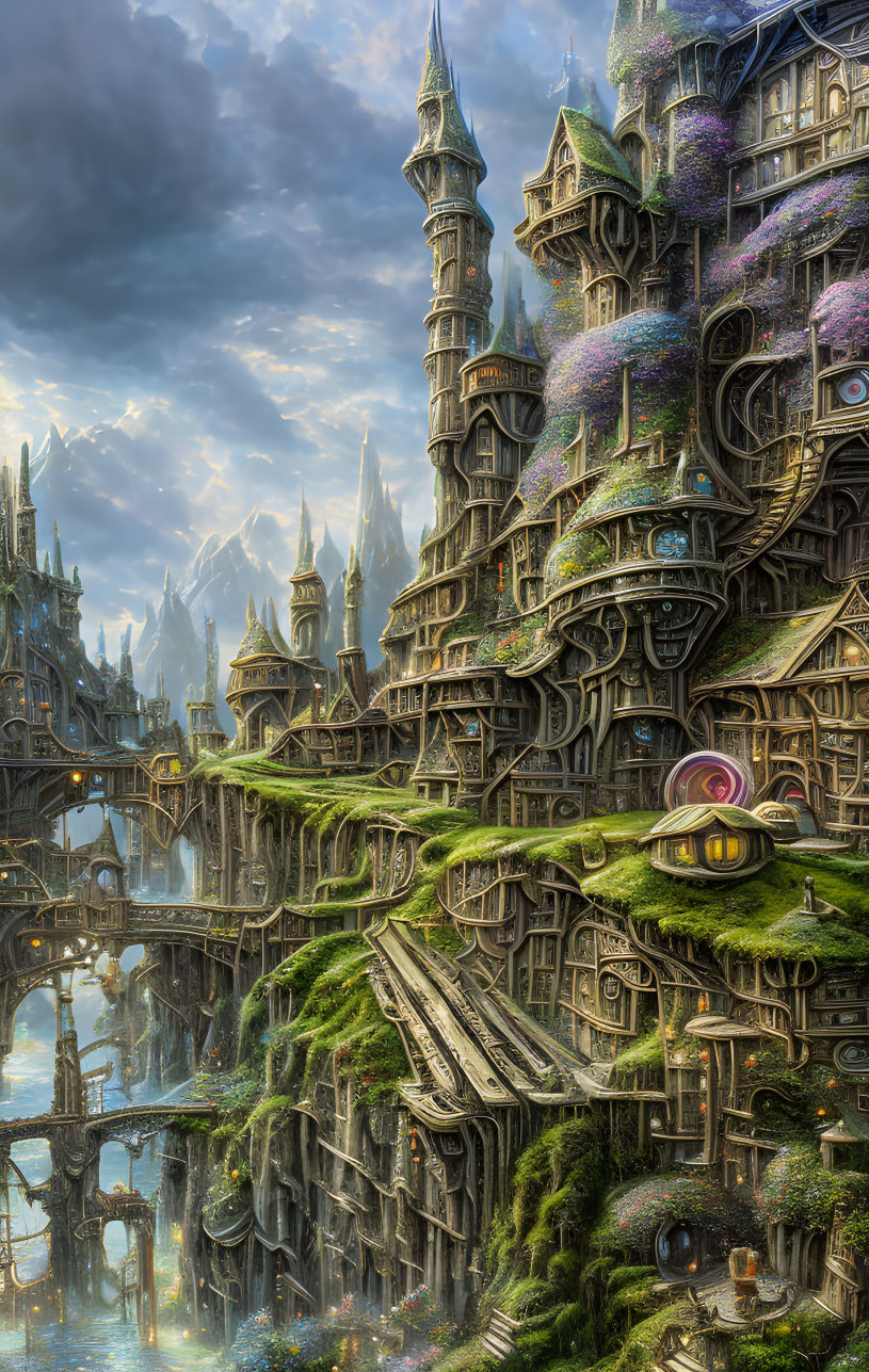 Fantasy city with towering spires, gardens, bridges & dramatic sky