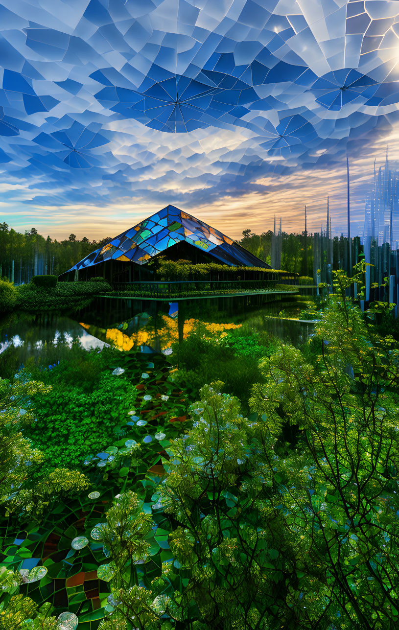 Futuristic building with geometric glass facade and sunset reflection in greenery and pond