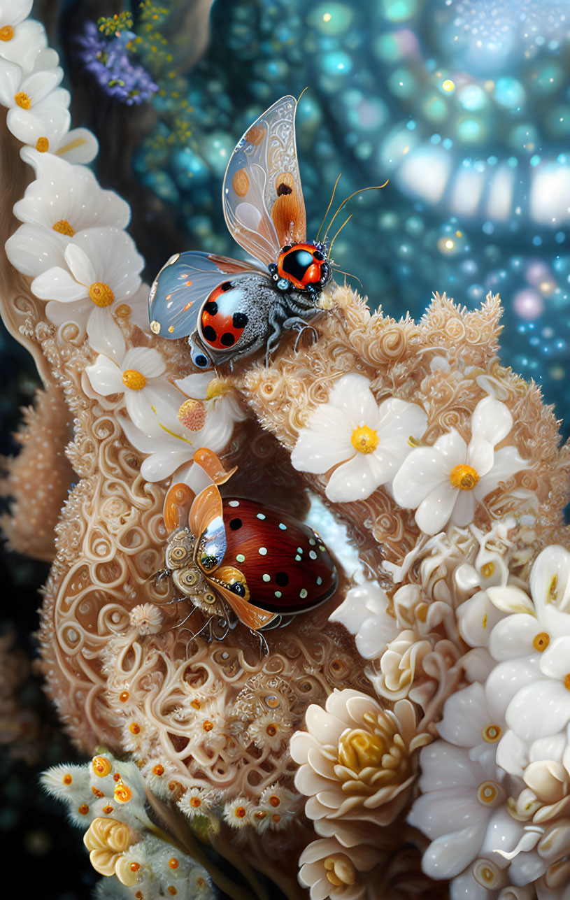 Fantasy illustration of jeweled butterflies on plush antler with white flowers and golden motifs against dreamy