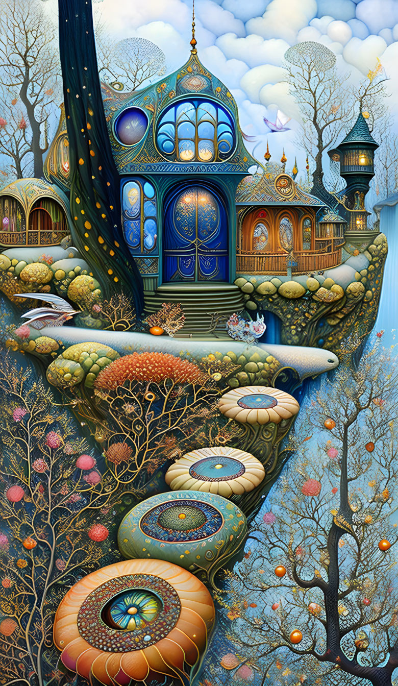 Vibrant, whimsical treehouse painting with ornate windows and colorful surroundings