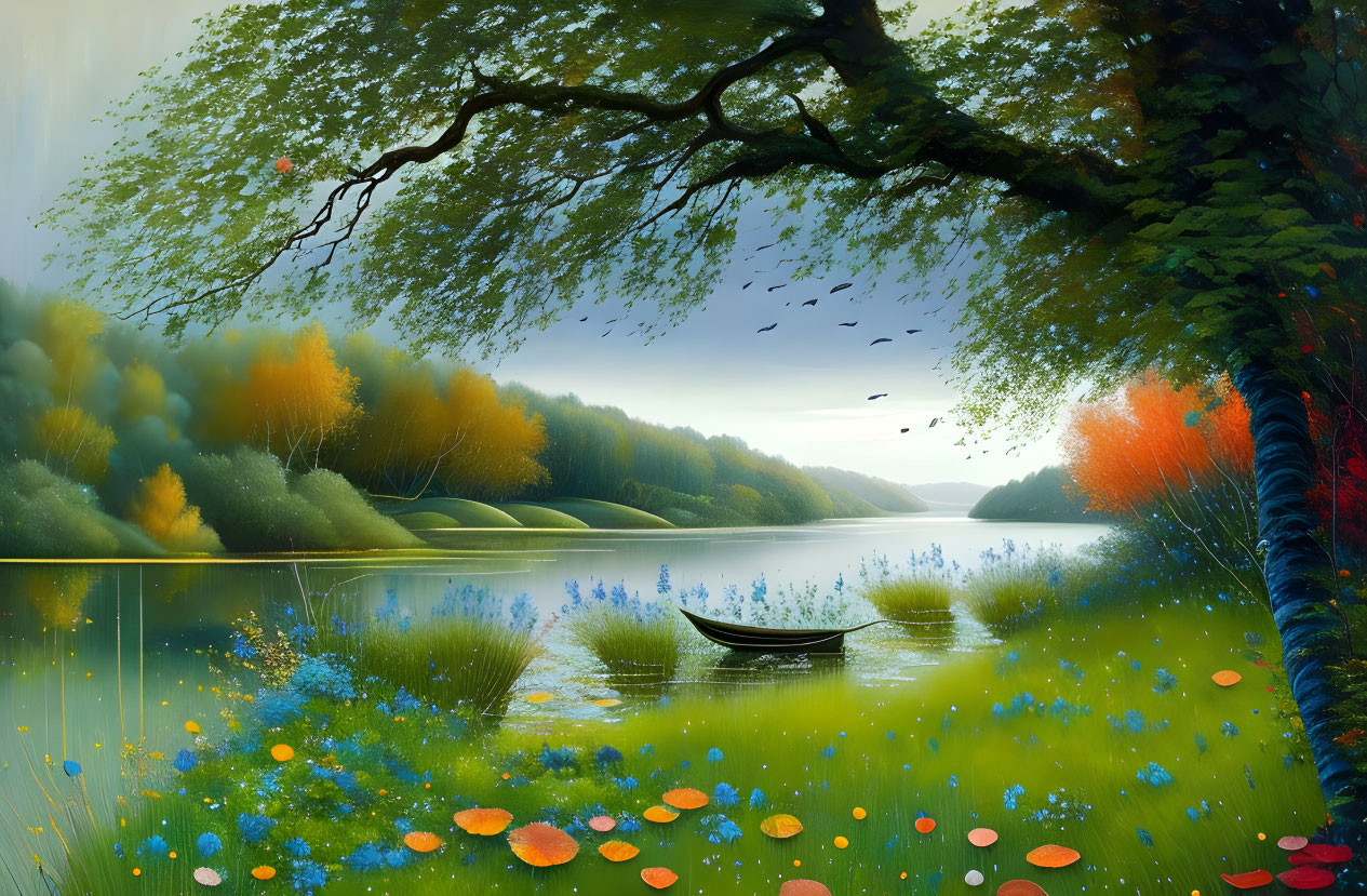 Tranquil lake scene with boat, colorful foliage, flowers, birds, and tree