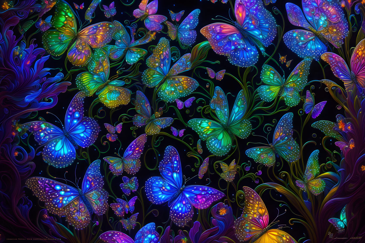 Colorful Neon Butterflies Against Dark Floral Backdrop