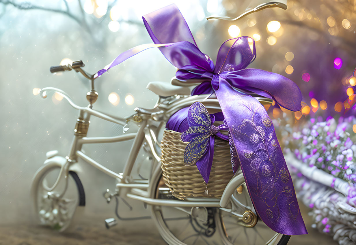 Vintage White Bicycle with Purple Ribbon and Blooming Flowers on Bokeh Light Background