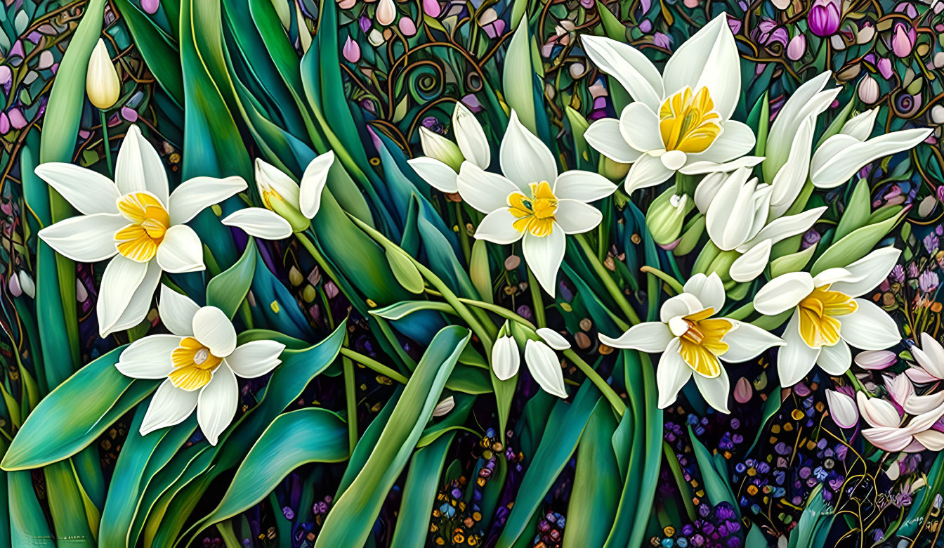 Illustration of blooming white daffodils with yellow centers in a lush garden