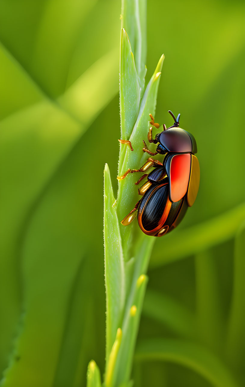 Colorful beetle climbs on green stem in nature scene