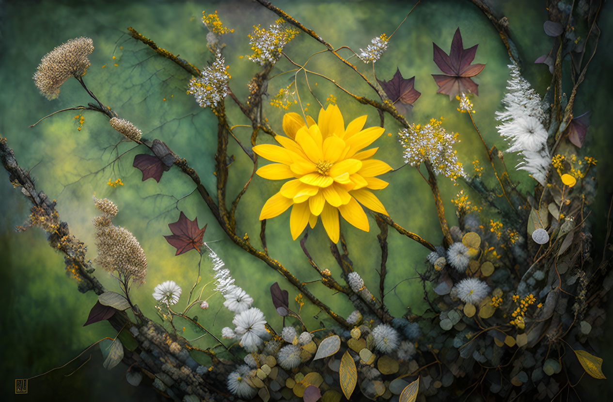 Vivid Yellow Flower Among Delicate Wildflowers and Foliage