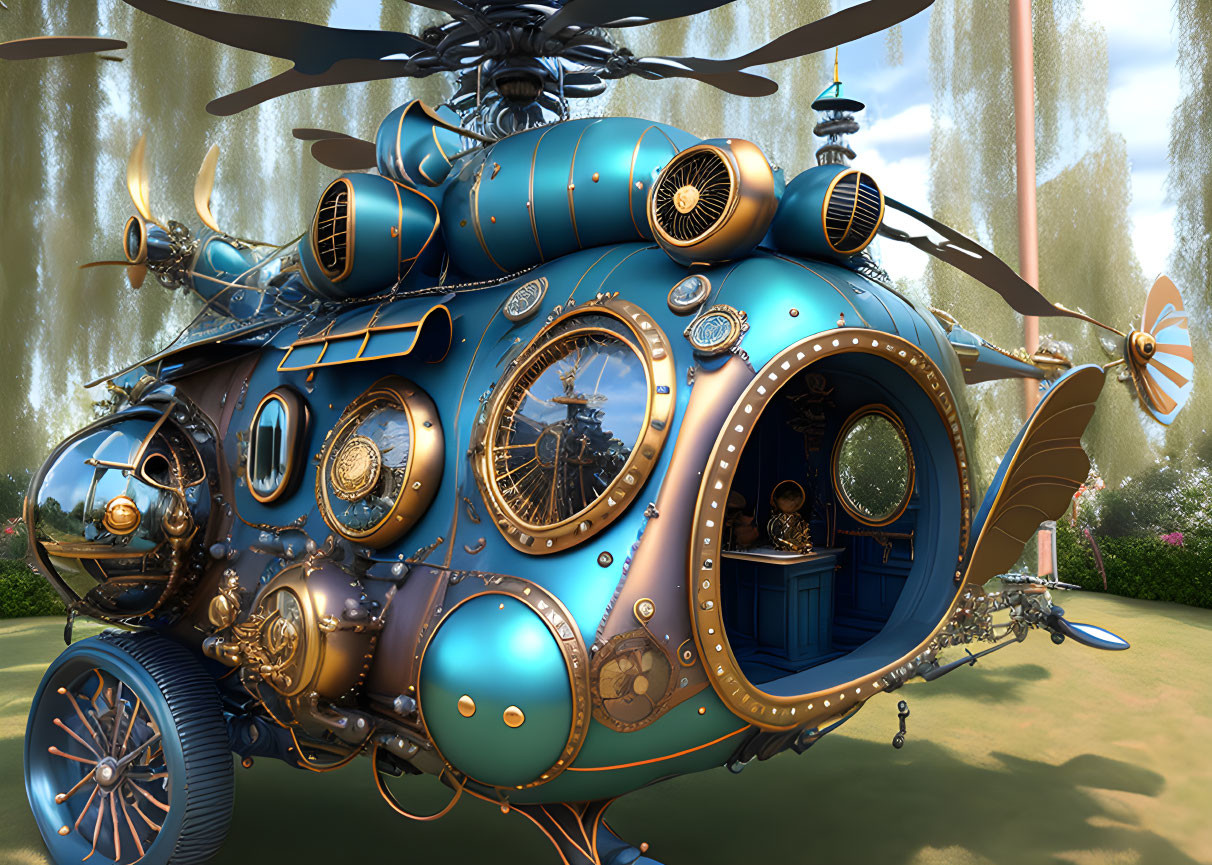 Steampunk-style helicopter with blue and gold detailing in lush garden setting