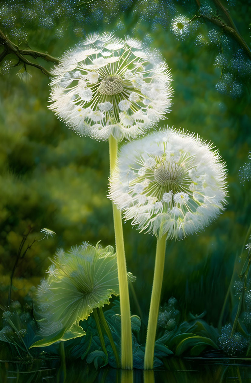 Dandelions in full seed on soft green background