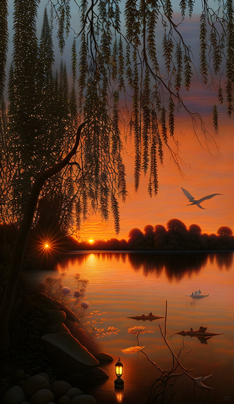 Tranquil sunset scene with weeping willow, lake, birds, boat, lantern, reflections