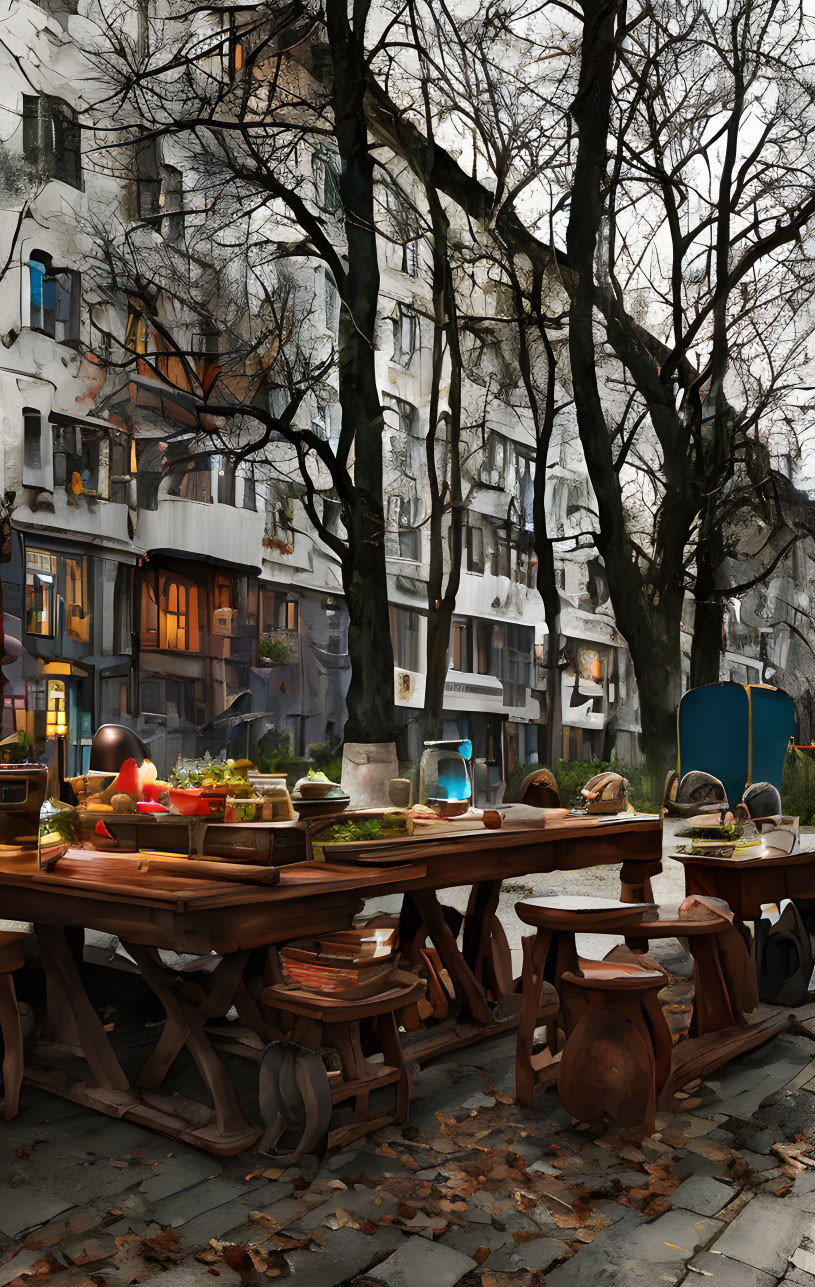 Rustic outdoor dining setting with warm lights and terrariums by curved building