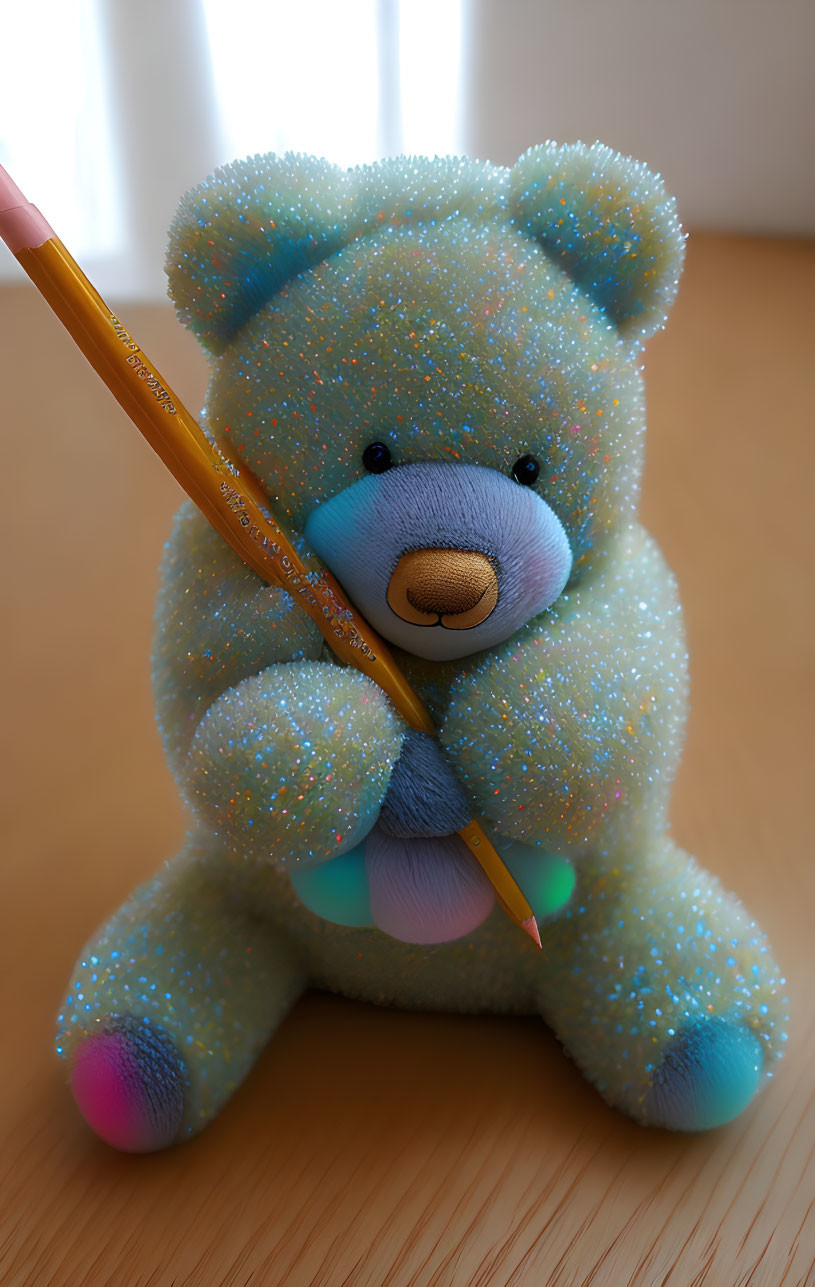 Glittery blue teddy bear toy with yellow pencil on wooden surface