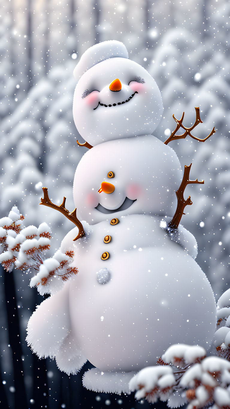 Snowman with Carrot Nose and Snowy Trees Background