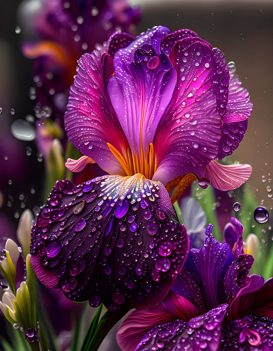 Purple Iris Flower with Water Droplets on Petals Against Bokeh Background