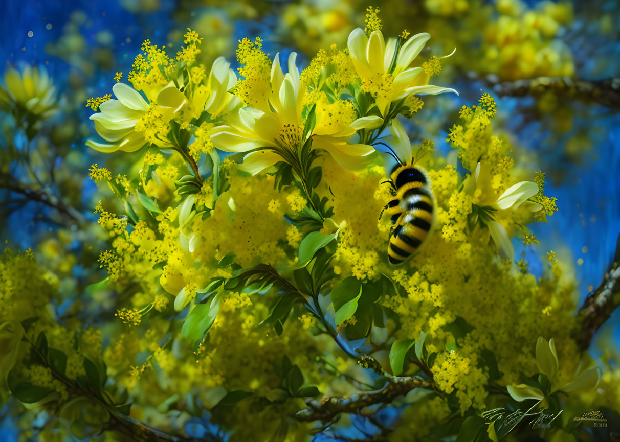 Bee hovering over vibrant yellow flowers in green foliage