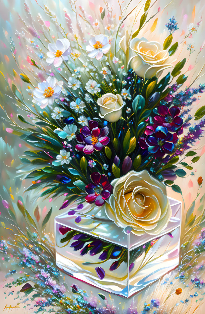 Colorful bouquet painting in geometric vase on pastel background