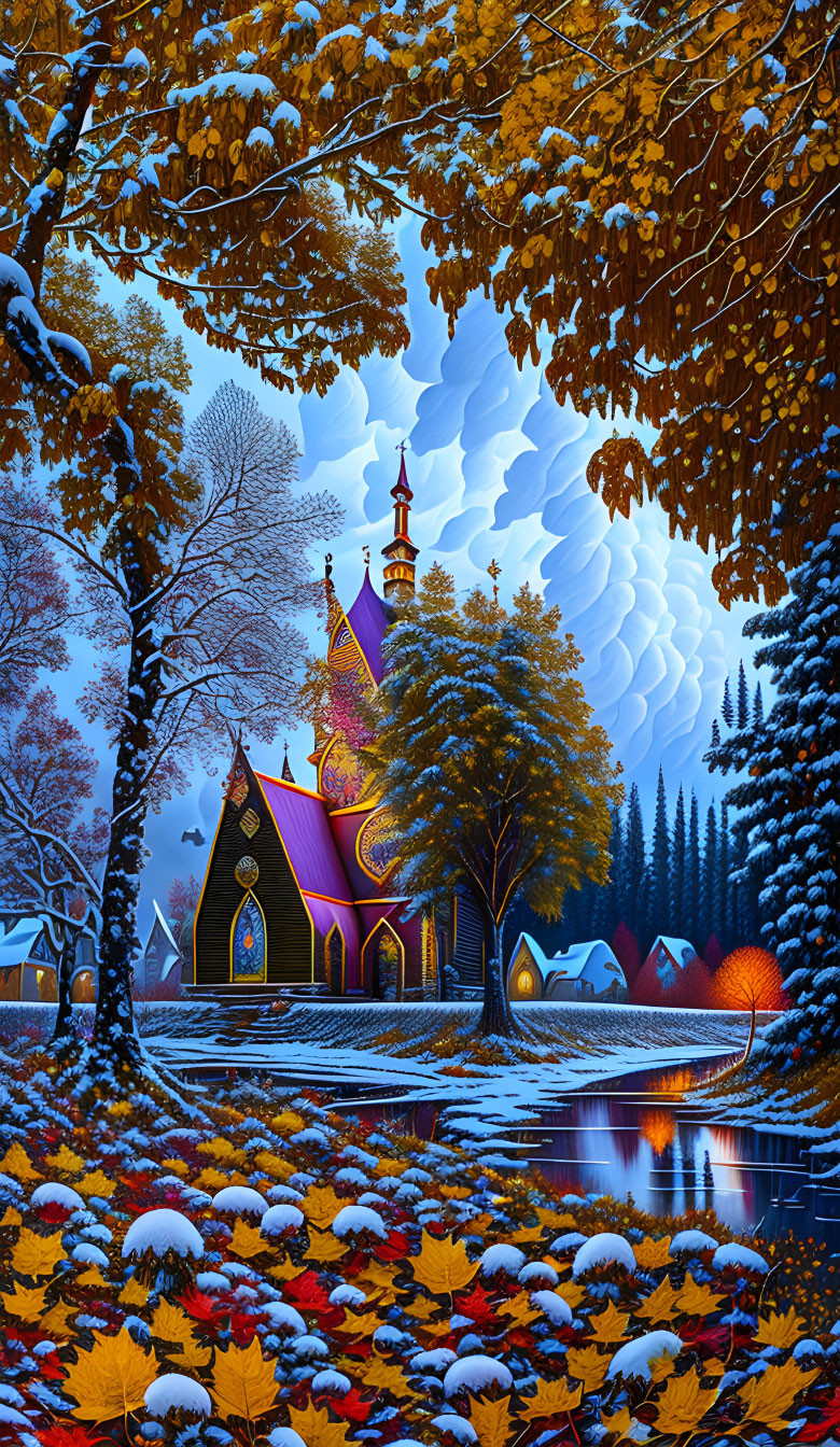 Charming autumn village scene with church, houses, lake, and starry sky