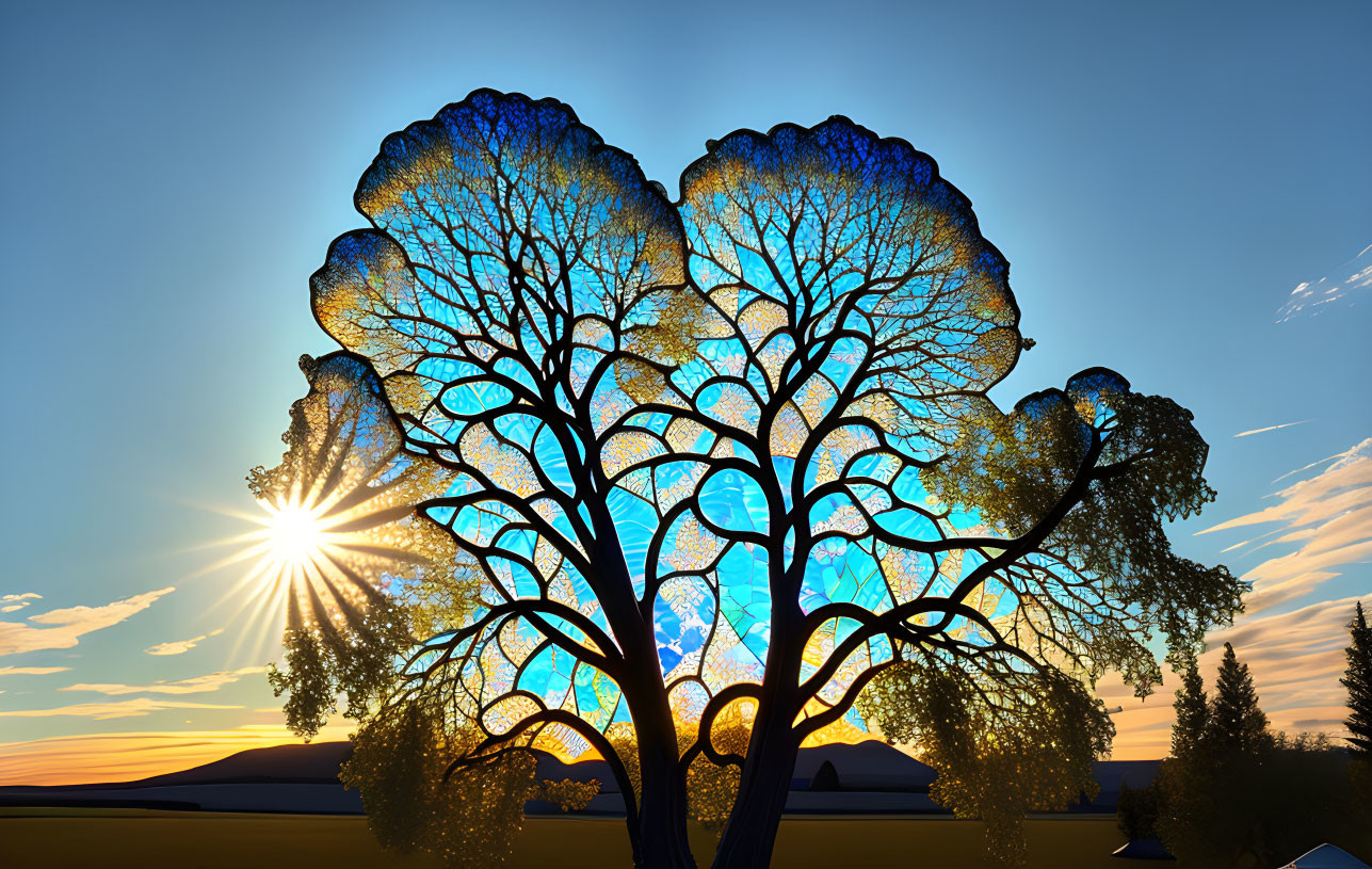 Silhouette of intricate tree branches against sunset sky