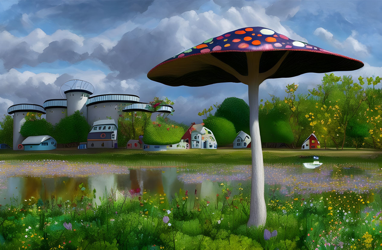 Colorful Landscape with Giant Mushroom, Round Roof Houses, Reflective Pond, and Flower Field