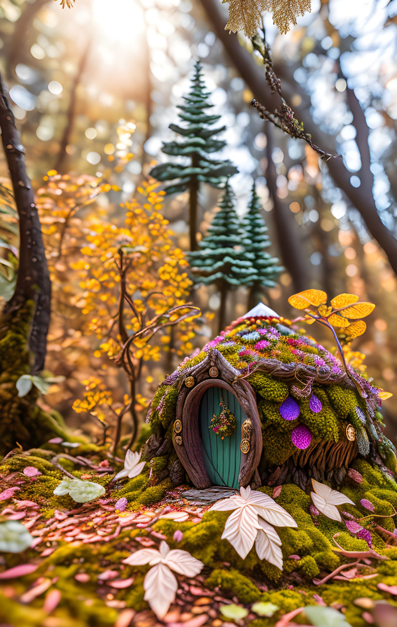 Enchanting miniature fairy house in forest setting