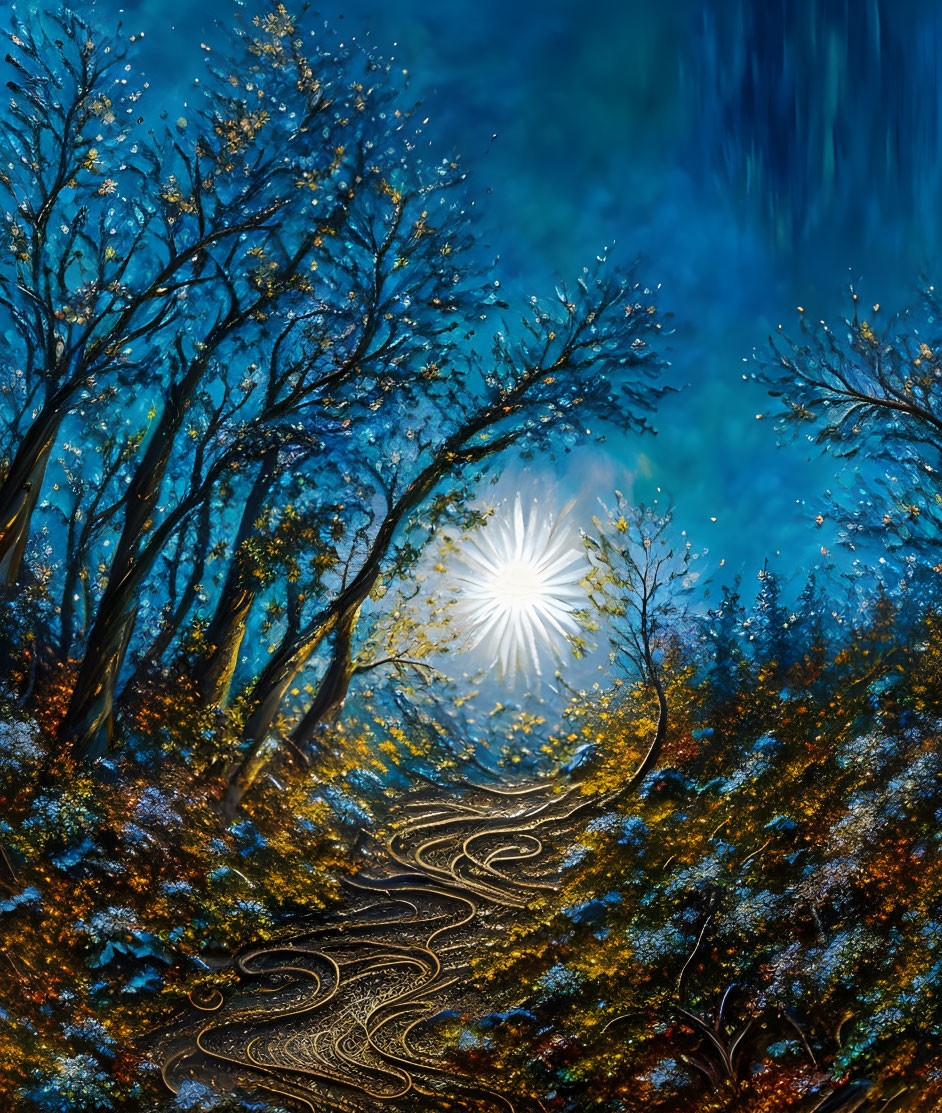 Mystical forest scene with bright star, blue leaves, and snow hints