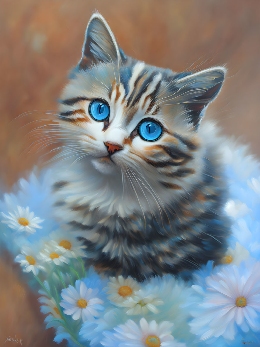 Blue-Eyed Tabby Kitten Among White Daisies and Warm Background