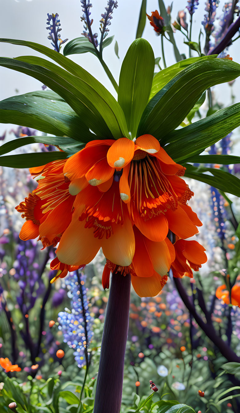 Orange Flower with Drooping Petals Among Purple Flowers and Green Foliage