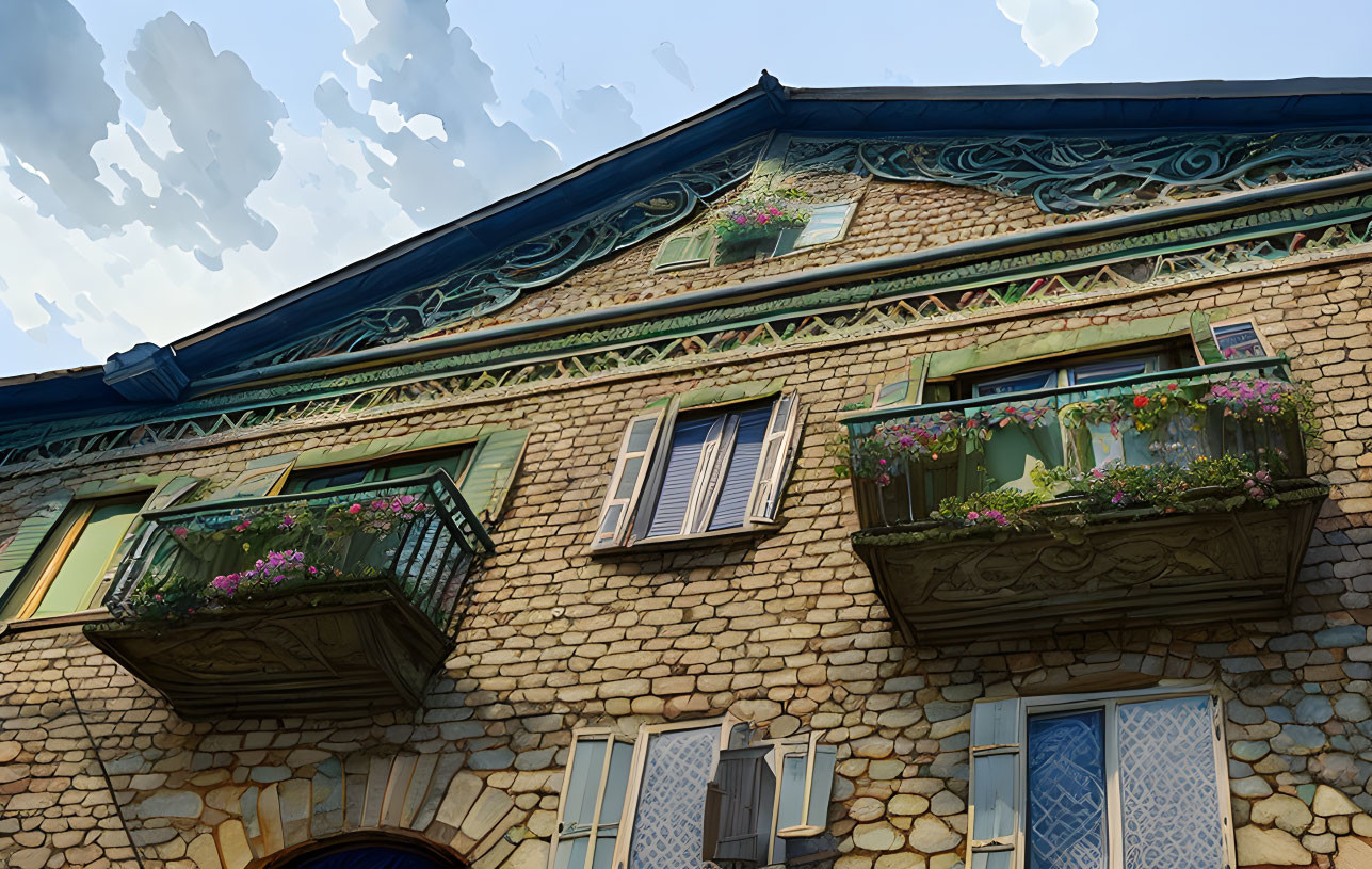 Stone building with green shutters, blue trim, and balcony planters under a blue sky.