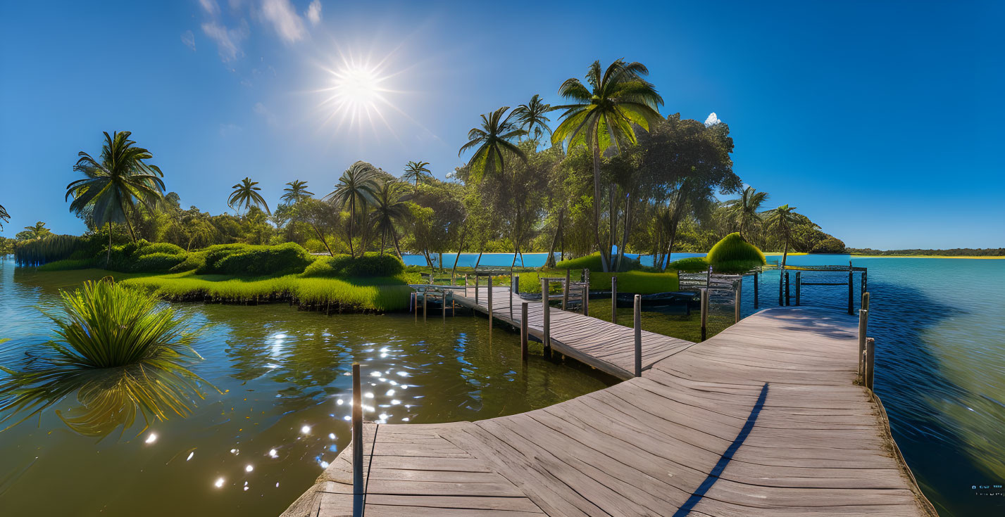 Tranquil Lakeside Landscape with Wooden Pier and Palm Trees