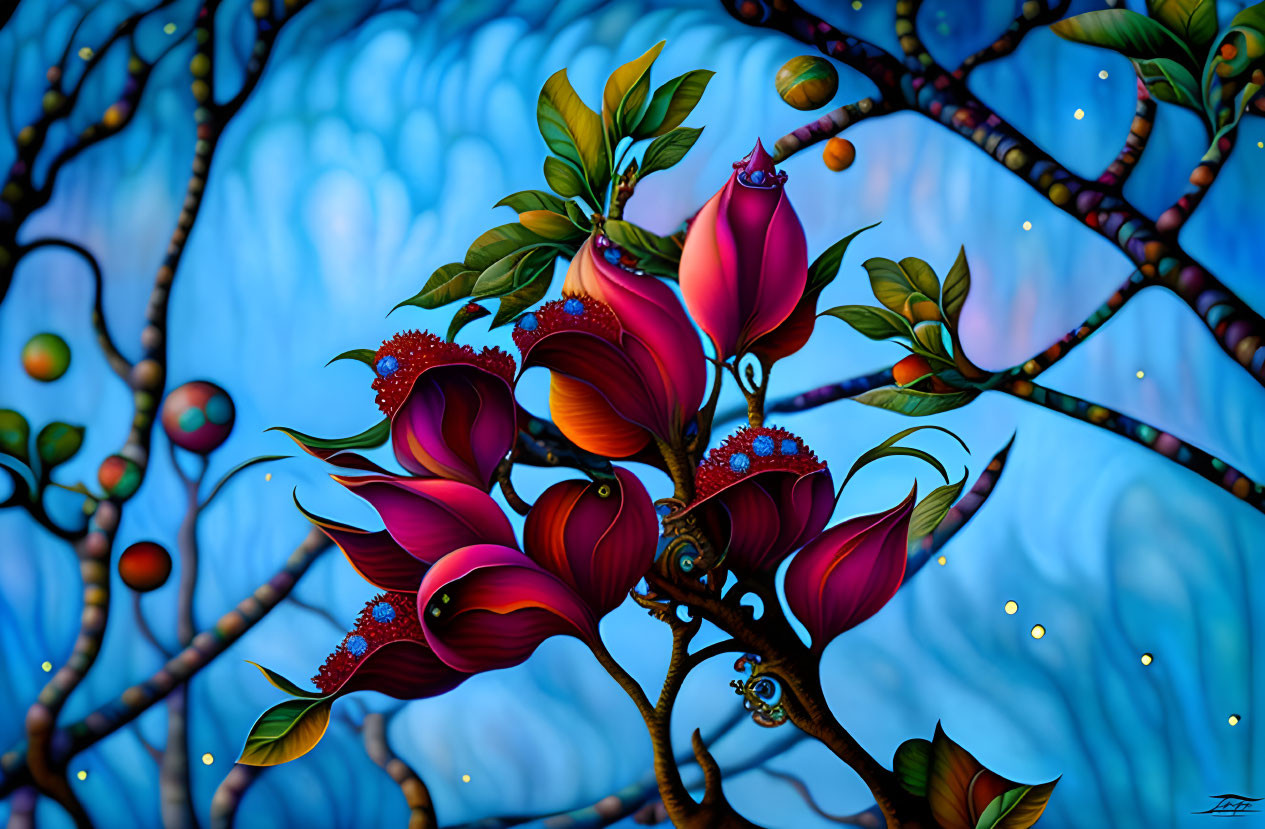 Stylized crimson flowers and twisted tree branches in vibrant digital art