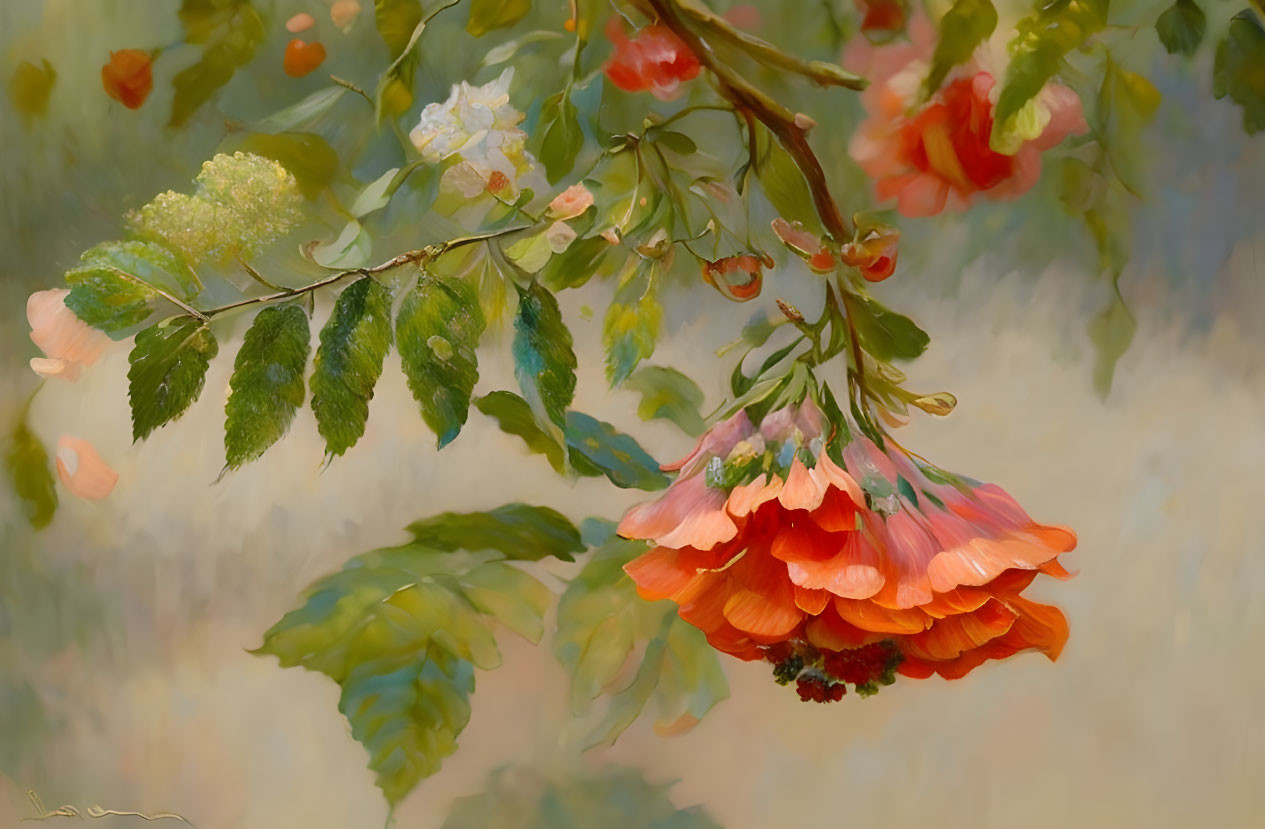 Orange Flowers Painting with Impressionistic Background