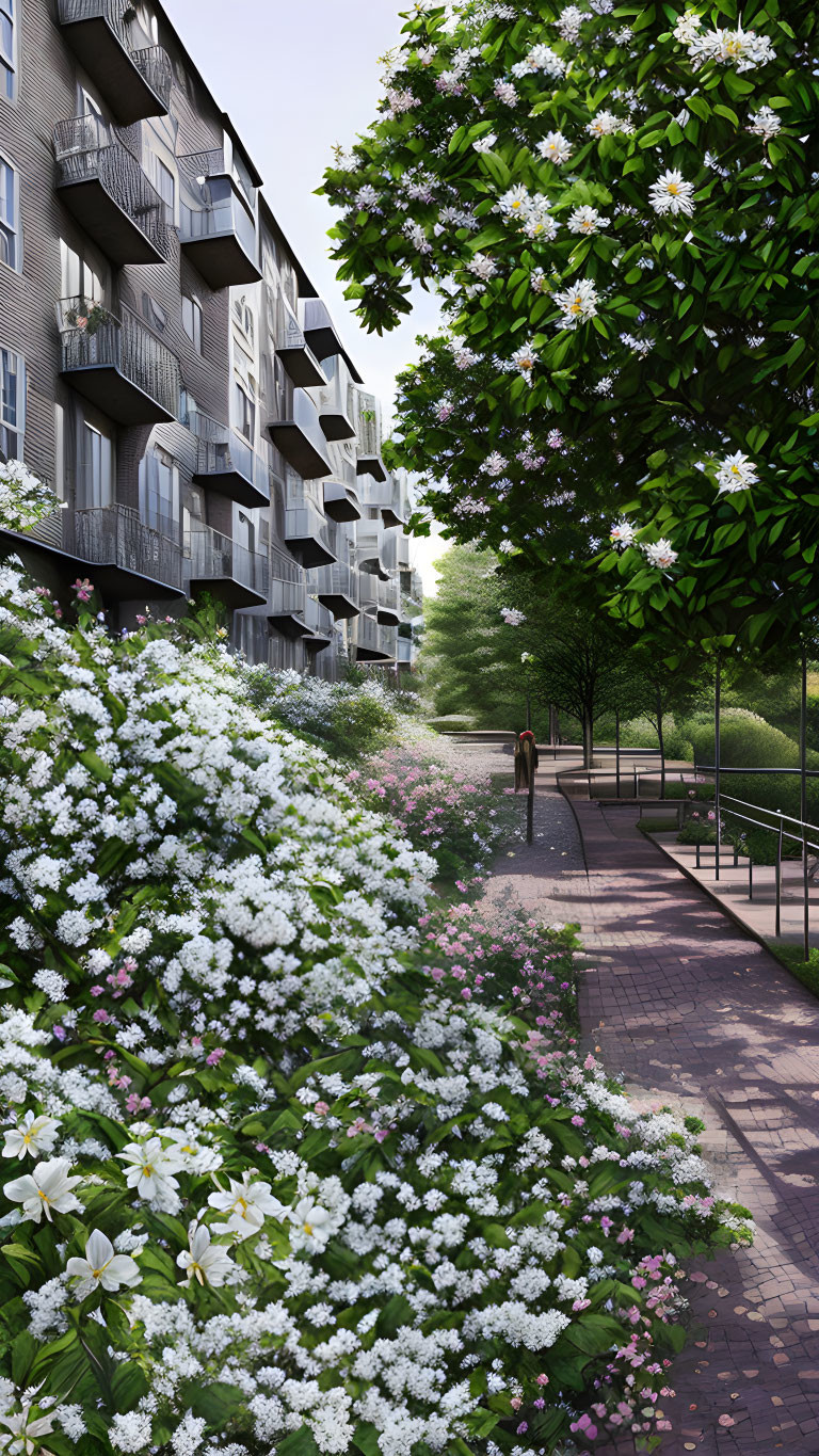 Tranquil urban pathway with lush greenery near modern apartment building