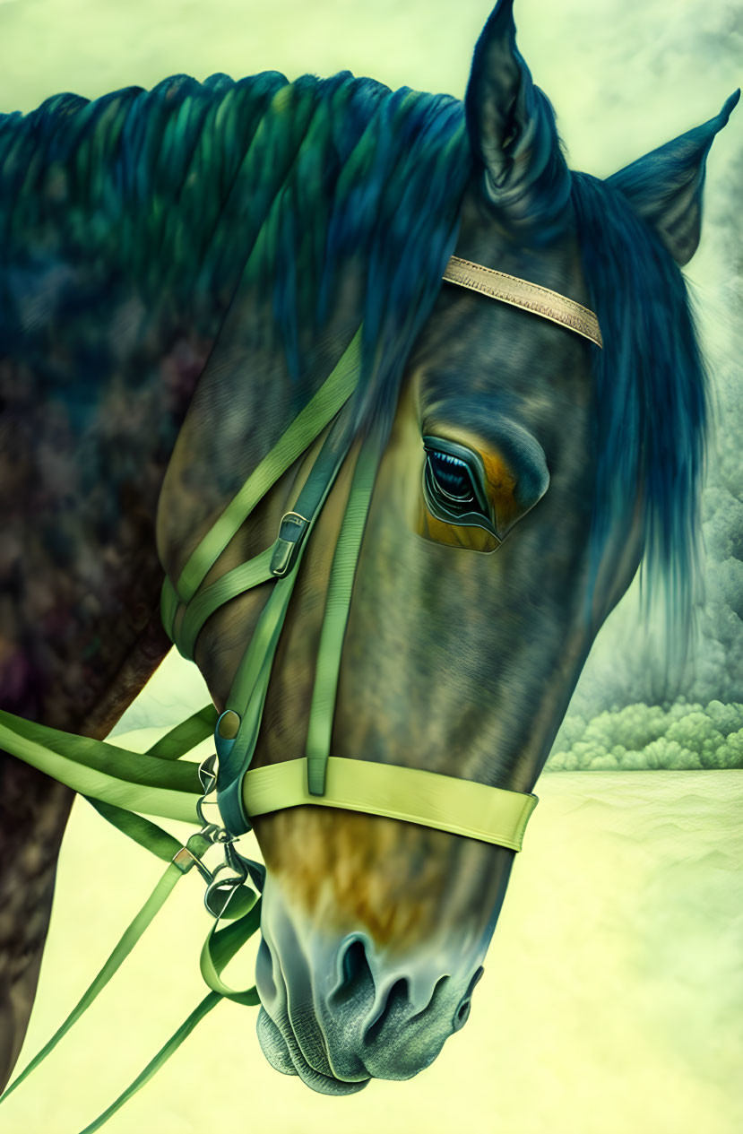 Detailed Close-up Digital Illustration of Horse with Green Bridle and Amber Eye