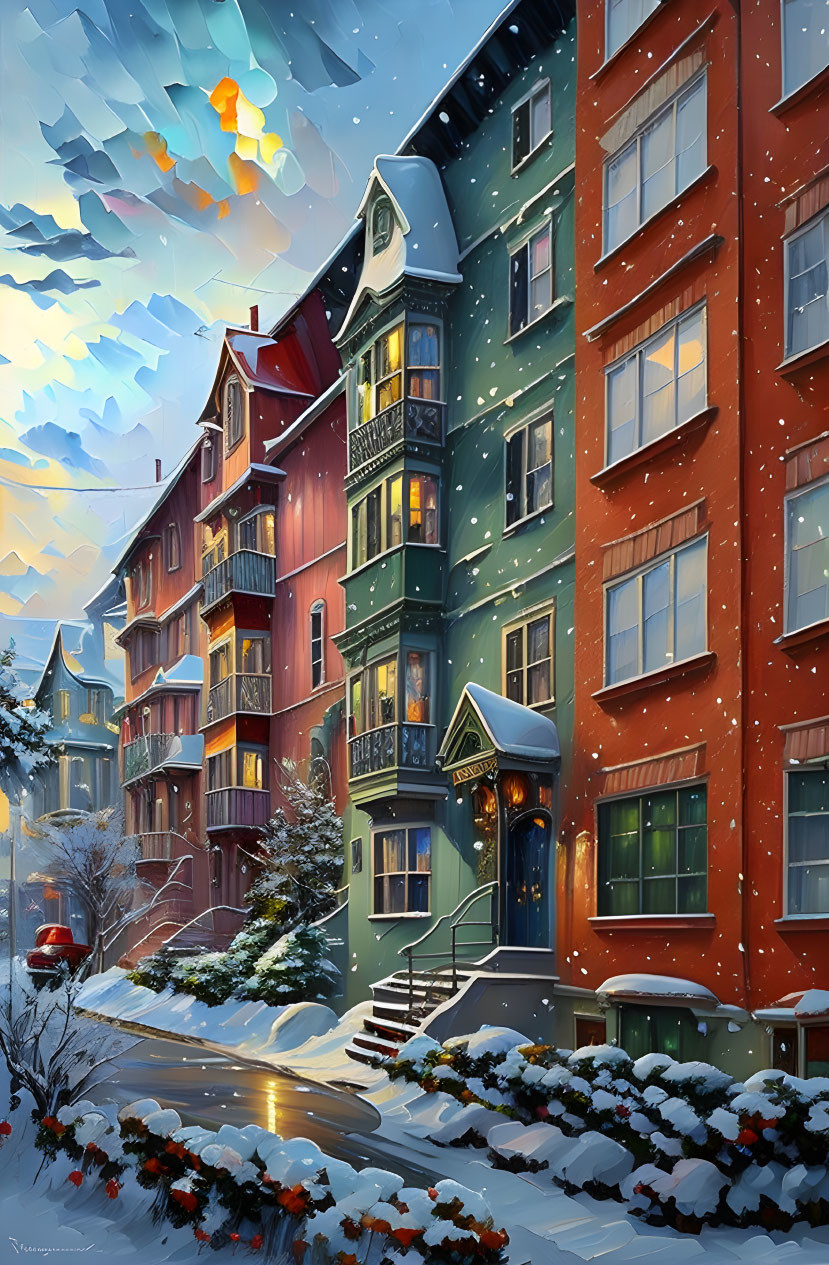 Snowy townhouses at twilight with warm holiday lights