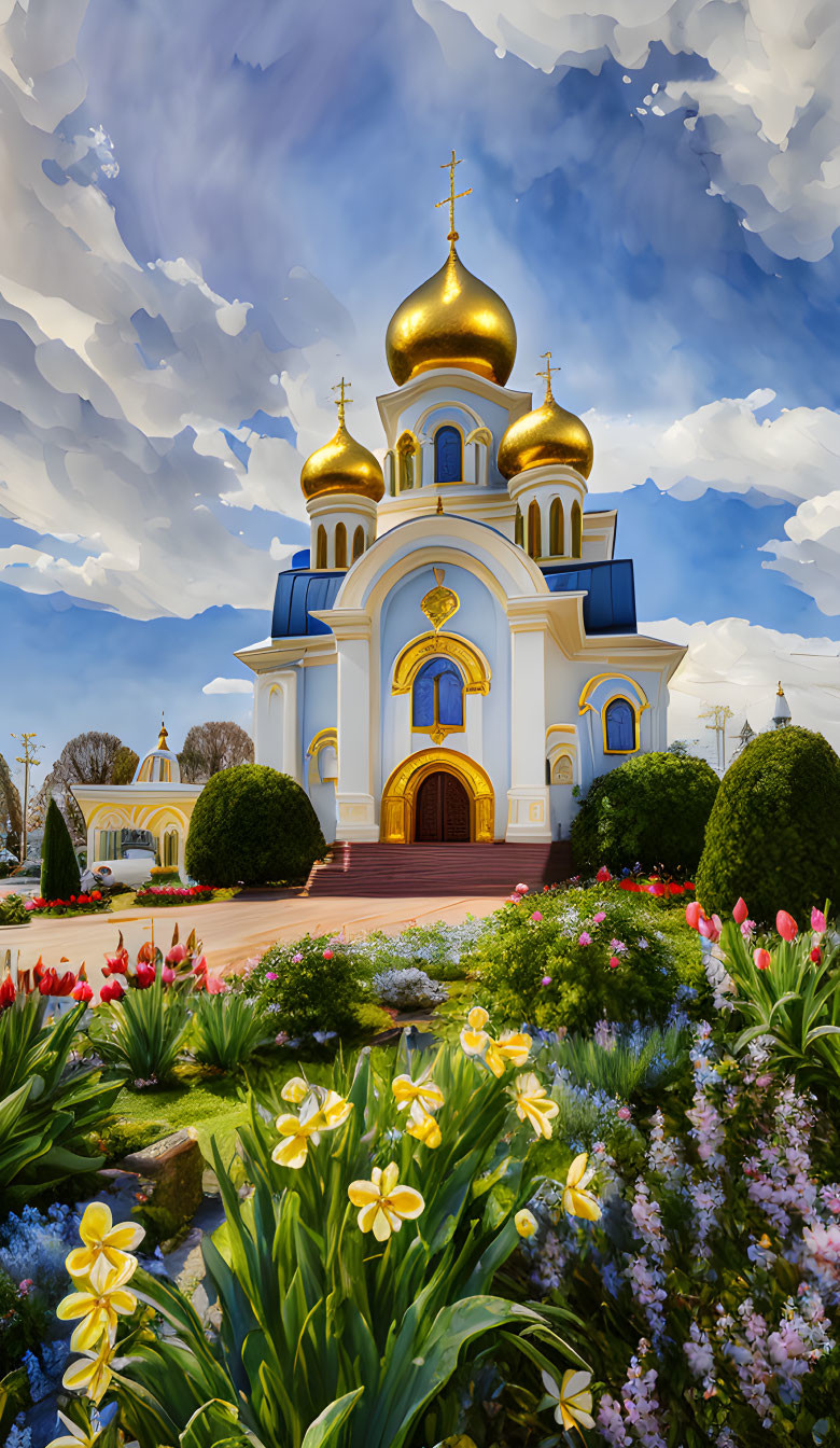 Eastern Orthodox Church with Golden Domes Surrounded by Flowers