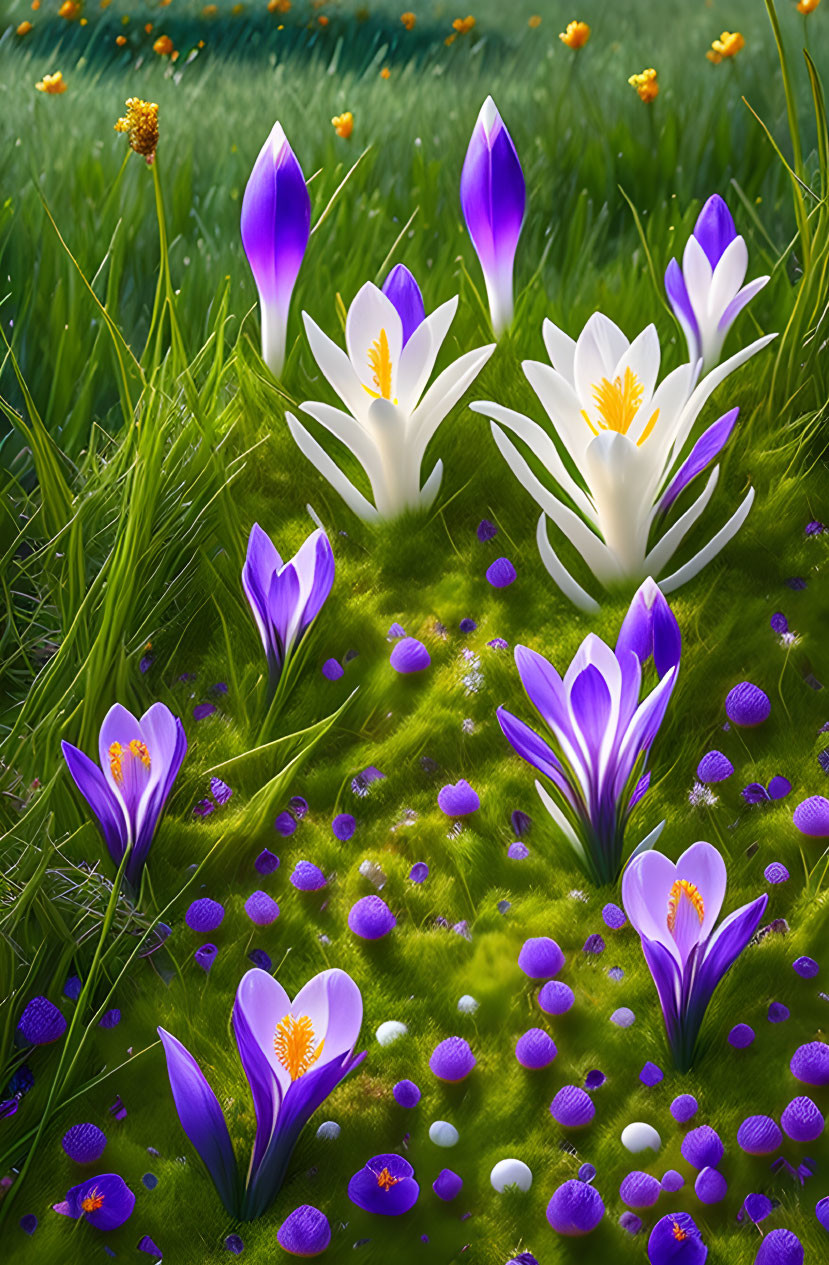 Vibrant purple and white crocuses in lush meadow scene