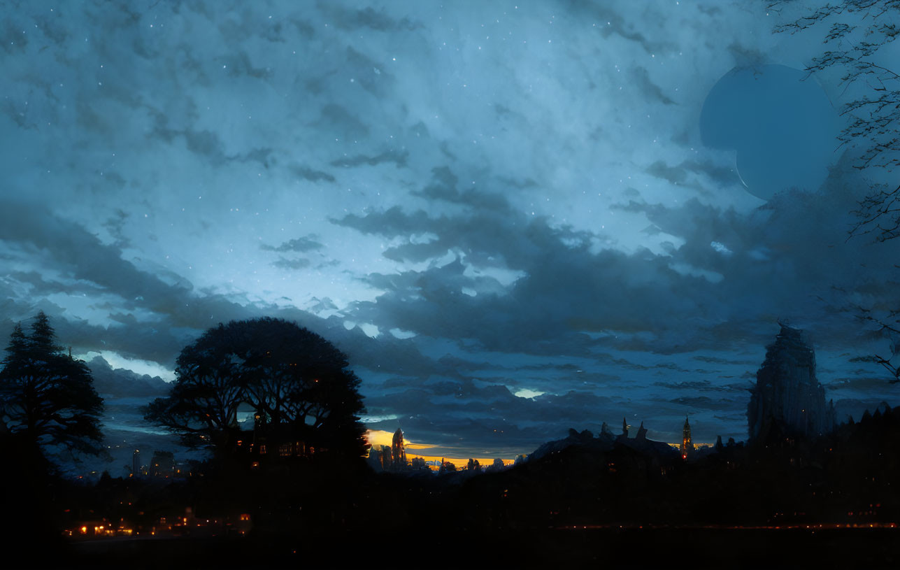 Starry night sky with waning moon, tree silhouettes, and distant illuminated castle