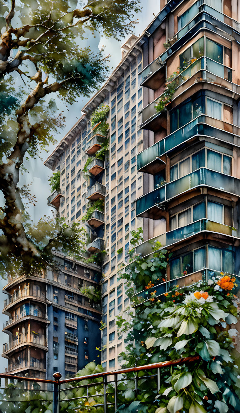 Urban skyline with green balconies against blue sky and lush foliage