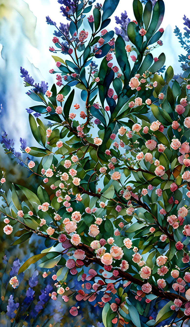 Lush Bush with Small Pink Flowers and Green Leaves on Blurred Background