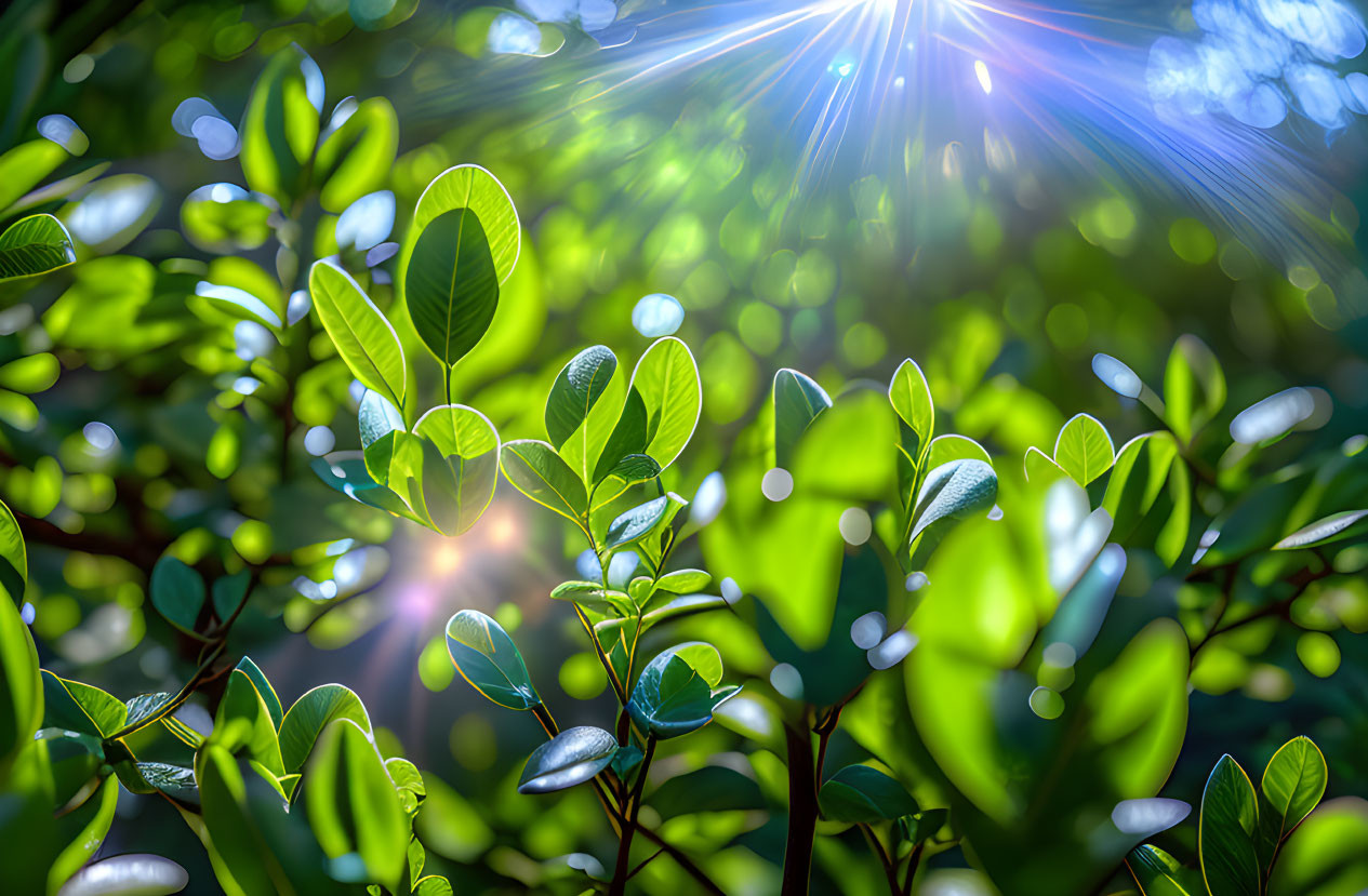 Vibrant green leaves with sunlight and lens flare effects